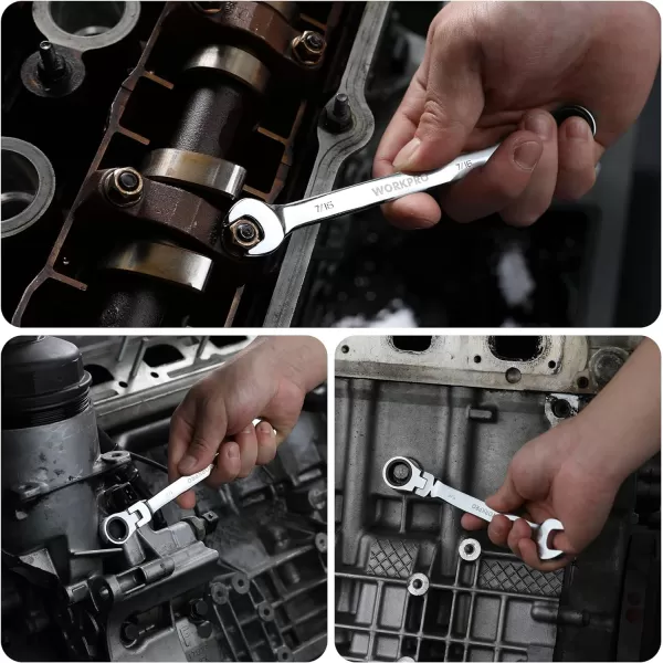 WORKPRO 8piece FlexHead Ratcheting Combination Wrench Set Metric 917 mm 72Teeth CrV Constructed Nickel Plating with Organization BagSAE Regular amp Mirror Polished