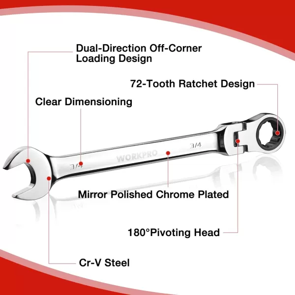 WORKPRO 8piece FlexHead Ratcheting Combination Wrench Set Metric 917 mm 72Teeth CrV Constructed Nickel Plating with Organization BagSAE Regular amp Mirror Polished