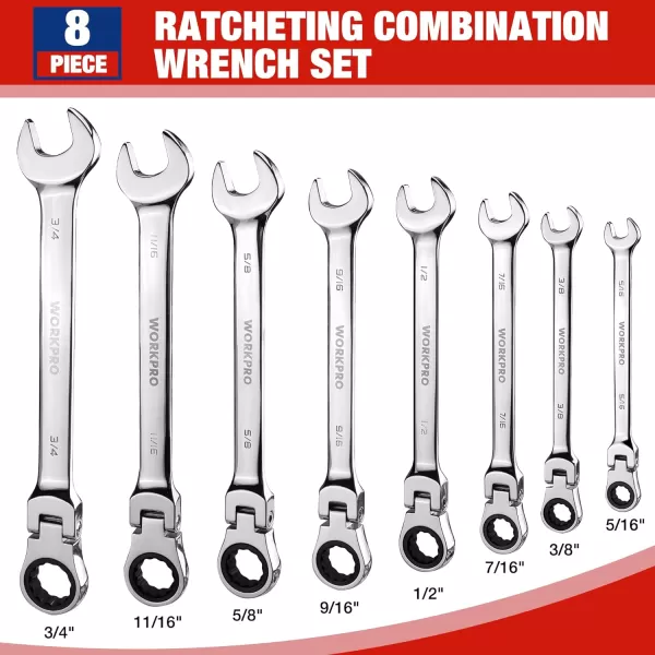WORKPRO 8piece FlexHead Ratcheting Combination Wrench Set Metric 917 mm 72Teeth CrV Constructed Nickel Plating with Organization BagSAE Regular amp Mirror Polished