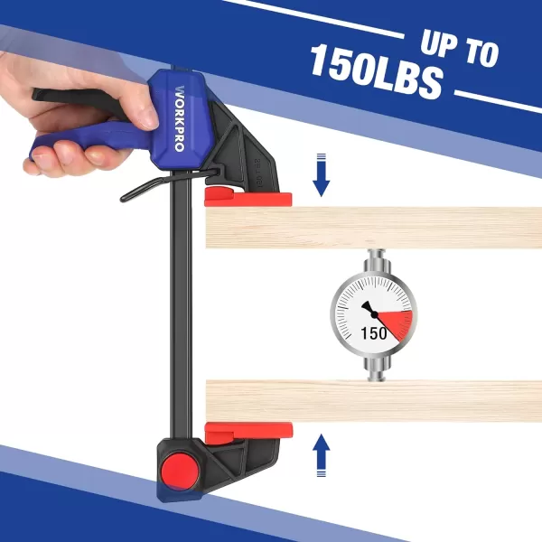 WORKPRO Bar Clamps for Woodworking 6Pack OneHanded ClampSpreader 6Inch 4 and 12Inch 2 Wood Clamps Set LightDuty QuickChange F Clamp with 150 lbs Load Limit BlueBlue