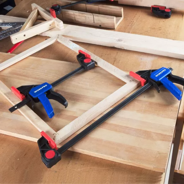 WORKPRO Bar Clamps for Woodworking 6Pack OneHanded ClampSpreader 6Inch 4 and 12Inch 2 Wood Clamps Set LightDuty QuickChange F Clamp with 150 lbs Load Limit BlueBlue
