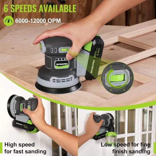 WORKPRO Brushless Random Orbital Sander Cordless 6 Variable Speeds 6000 to 12000 OPM 20V 5in Electric Orbit Sander for Woodworking with Battery Charger Dust Collector Tool Bag15 Pcs Sanding DiscsWORKPRO Brushless Random Orbital Sander Cordless 6 Variable Speeds 6000 to 12000 OPM 20V 5in Electric Orbit Sander for Woodworking with Battery Charger Dust Collector Tool Bag15 Pcs Sanding Discs