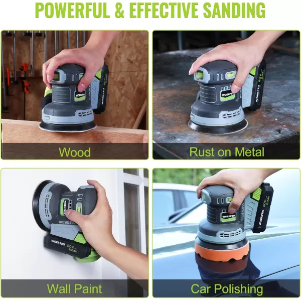 WORKPRO Brushless Random Orbital Sander Cordless 6 Variable Speeds 6000 to 12000 OPM 20V 5in Electric Orbit Sander for Woodworking with Battery Charger Dust Collector Tool Bag15 Pcs Sanding DiscsWORKPRO Brushless Random Orbital Sander Cordless 6 Variable Speeds 6000 to 12000 OPM 20V 5in Electric Orbit Sander for Woodworking with Battery Charger Dust Collector Tool Bag15 Pcs Sanding Discs