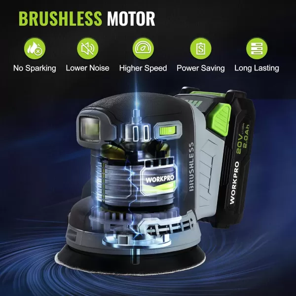 WORKPRO Brushless Random Orbital Sander Cordless 6 Variable Speeds 6000 to 12000 OPM 20V 5in Electric Orbit Sander for Woodworking with Battery Charger Dust Collector Tool Bag15 Pcs Sanding DiscsWORKPRO Brushless Random Orbital Sander Cordless 6 Variable Speeds 6000 to 12000 OPM 20V 5in Electric Orbit Sander for Woodworking with Battery Charger Dust Collector Tool Bag15 Pcs Sanding Discs