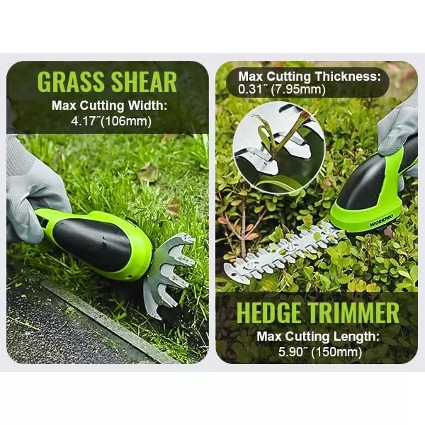WORKPRO Cordless Grass Shear amp Shrubbery Trimmer  2 in 1 Handheld Hedge Trimmer 72V Electric Grass Trimmer Hedge ShearsGrass Cutter Rechargeable LithiumIon Battery and TypeC Cable IncludedGreen