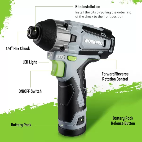 WORKPRO Cordless Impact Driver Kit 14 Hex Electric Impact DrillDriver Set with 12V 20Ah Lithiumion Battery 1 Hour Fast Charge Variable Speed 14pc Driver Bits and Tool Bag IncludedWORKPRO Cordless Impact Driver Kit 14 Hex Electric Impact DrillDriver Set with 12V 20Ah Lithiumion Battery 1 Hour Fast Charge Variable Speed 14pc Driver Bits and Tool Bag Included