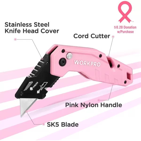 WORKPRO Folding Utility Knife Quick Change Box Cutter Pink Razor Knife for Cartons Cardboard Boxes 10 Extra Blades Included  Pink RibbonPink