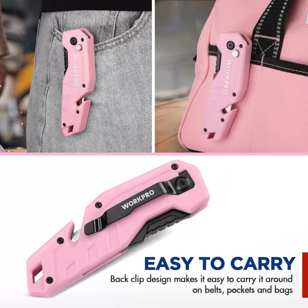 WORKPRO Folding Utility Knife Quick Change Box Cutter Pink Razor Knife for Cartons Cardboard Boxes 10 Extra Blades Included  Pink RibbonPink