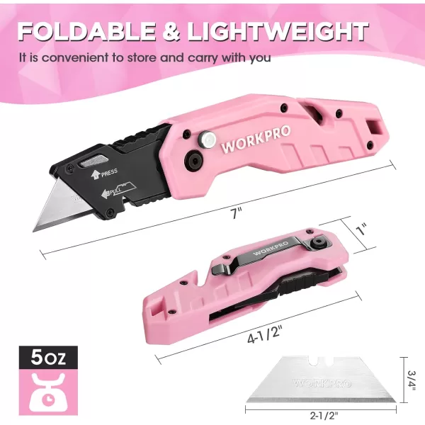 WORKPRO Folding Utility Knife Quick Change Box Cutter Pink Razor Knife for Cartons Cardboard Boxes 10 Extra Blades Included  Pink RibbonPink