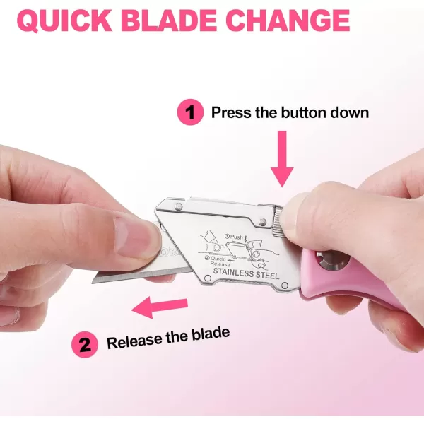 WORKPRO Folding Utility Knife Quick Change Box Cutter Pink Razor Knife for Cartons Cardboard Boxes with Blade Storage Design Extra 15 Blades Included  Pink RibbonPink