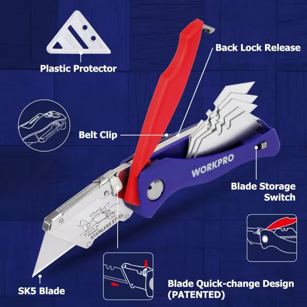 WORKPRO Folding Utility Knife Quick Change Box Cutter Pink Razor Knife for Cartons Cardboard Boxes with Blade Storage Design Extra 15 Blades Included  Pink RibbonBlue
