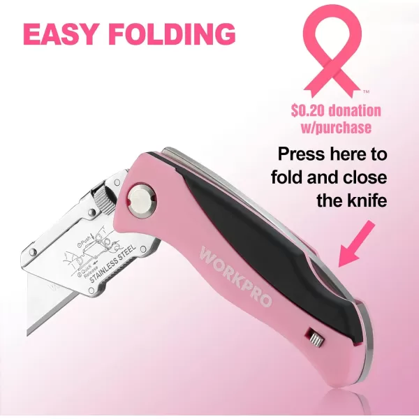 WORKPRO Folding Utility Knife Quick Change Box Cutter Pink Razor Knife for Cartons Cardboard Boxes with Blade Storage Design Extra 15 Blades Included  Pink RibbonPink