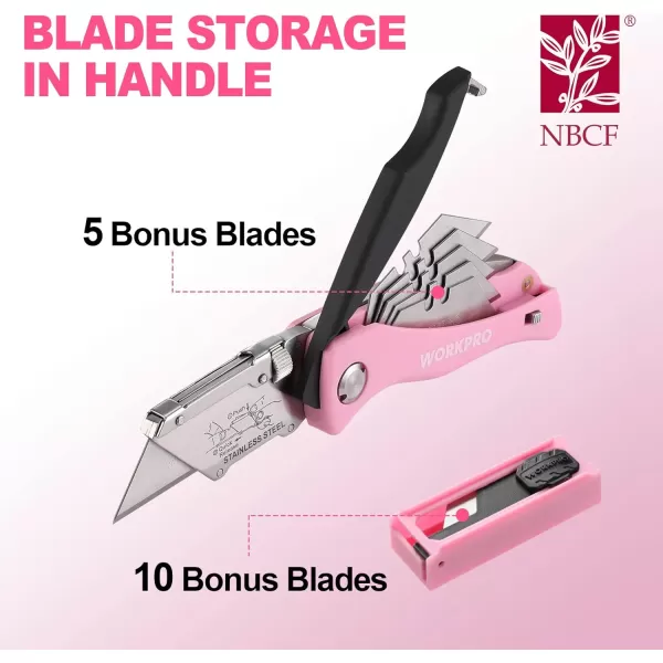 WORKPRO Folding Utility Knife Quick Change Box Cutter Pink Razor Knife for Cartons Cardboard Boxes with Blade Storage Design Extra 15 Blades Included  Pink RibbonPink