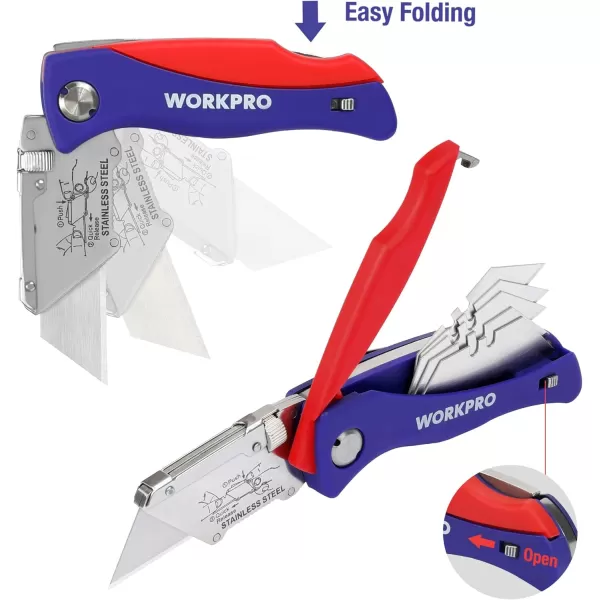 WORKPRO Folding Utility Knife Quick Change Box Cutter Pink Razor Knife for Cartons Cardboard Boxes with Blade Storage Design Extra 15 Blades Included  Pink RibbonBlue