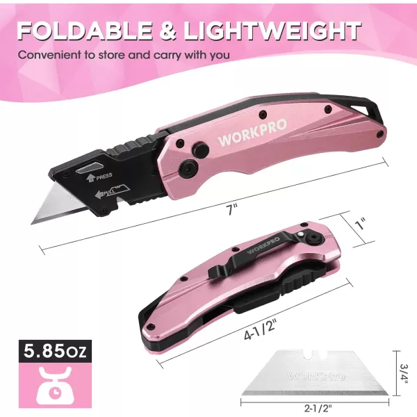 WORKPRO Folding Utility Knife Quick Change SK5 Pink Box Cutter Aluminum Handle Razor Knife for Boxes Cartons Cardboard 10 Extra Blades Included  Pink RibbonWORKPRO Folding Utility Knife Quick Change SK5 Pink Box Cutter Aluminum Handle Razor Knife for Boxes Cartons Cardboard 10 Extra Blades Included  Pink Ribbon