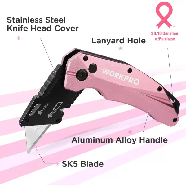 WORKPRO Folding Utility Knife Quick Change SK5 Pink Box Cutter Aluminum Handle Razor Knife for Boxes Cartons Cardboard 10 Extra Blades Included  Pink RibbonWORKPRO Folding Utility Knife Quick Change SK5 Pink Box Cutter Aluminum Handle Razor Knife for Boxes Cartons Cardboard 10 Extra Blades Included  Pink Ribbon