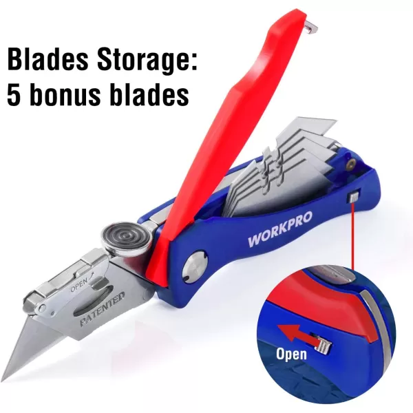 WORKPRO Folding Utility Knife QuickChange Box Cutter Blade Storage in Handle with 5 Extra Blades IncludedWORKPRO Folding Utility Knife QuickChange Box Cutter Blade Storage in Handle with 5 Extra Blades Included