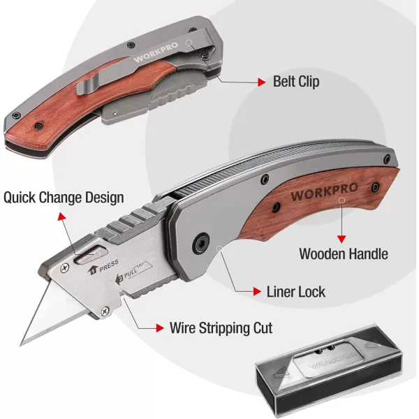 WORKPRO Folding Utility Knife QuickChange Box Cutter with Stainless Steel Head amp Liner Lock Wood Handle Razor Knife and Extra 10PC SK5 BladesWORKPRO Folding Utility Knife QuickChange Box Cutter with Stainless Steel Head amp Liner Lock Wood Handle Razor Knife and Extra 10PC SK5 Blades