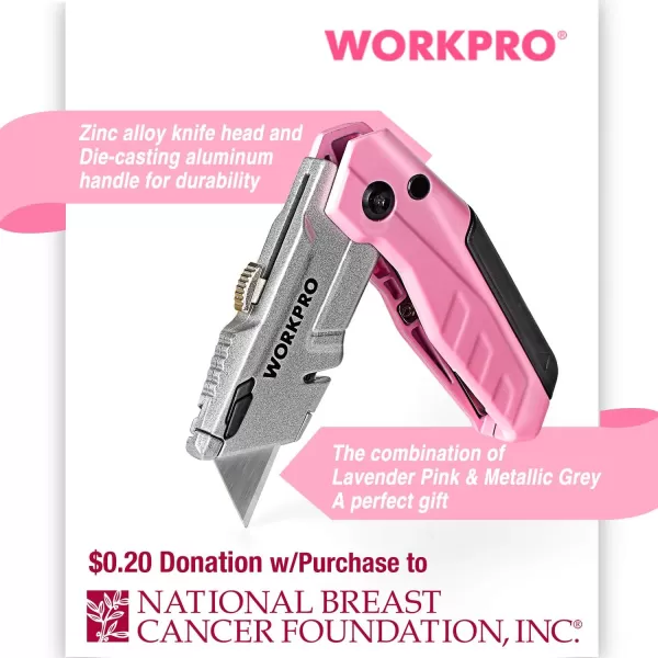 WORKPRO Folding Utility Knife QuickChange Pink Box Cutter with Blade Storage Compartment Hidden in Lightweight Aluminum Diecast Handle 12 Extra Blades Included  Pink RibbonWORKPRO Folding Utility Knife QuickChange Pink Box Cutter with Blade Storage Compartment Hidden in Lightweight Aluminum Diecast Handle 12 Extra Blades Included  Pink Ribbon