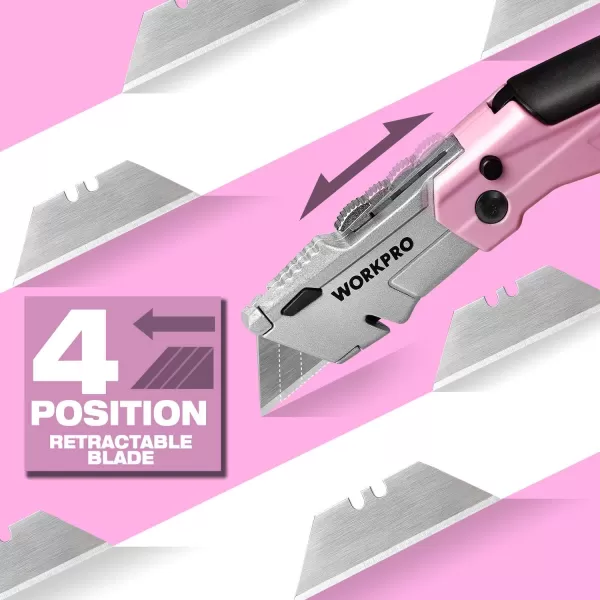 WORKPRO Folding Utility Knife QuickChange Pink Box Cutter with Blade Storage Compartment Hidden in Lightweight Aluminum Diecast Handle 12 Extra Blades Included  Pink RibbonWORKPRO Folding Utility Knife QuickChange Pink Box Cutter with Blade Storage Compartment Hidden in Lightweight Aluminum Diecast Handle 12 Extra Blades Included  Pink Ribbon