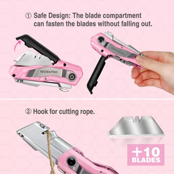 WORKPRO Folding Utility Knife QuickChange Pink Box Cutter with Blade Storage Compartment Hidden in Lightweight Aluminum Diecast Handle 12 Extra Blades Included  Pink RibbonWORKPRO Folding Utility Knife QuickChange Pink Box Cutter with Blade Storage Compartment Hidden in Lightweight Aluminum Diecast Handle 12 Extra Blades Included  Pink Ribbon