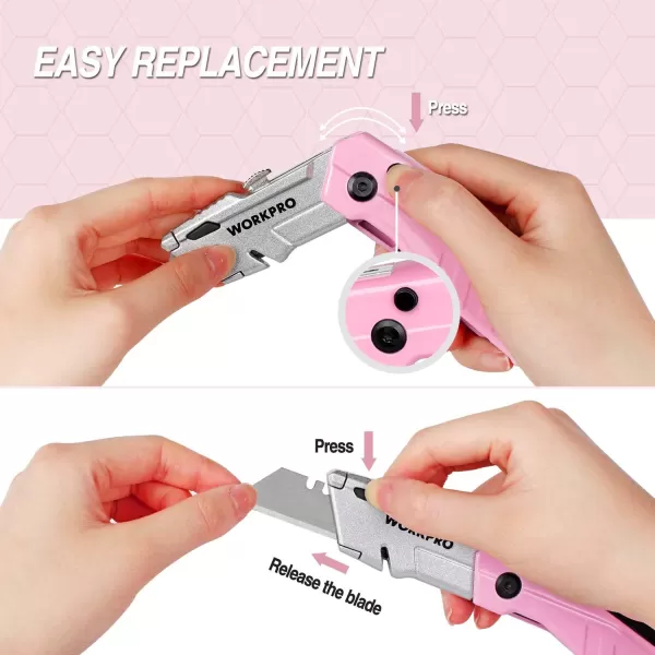 WORKPRO Folding Utility Knife QuickChange Pink Box Cutter with Blade Storage Compartment Hidden in Lightweight Aluminum Diecast Handle 12 Extra Blades Included  Pink RibbonWORKPRO Folding Utility Knife QuickChange Pink Box Cutter with Blade Storage Compartment Hidden in Lightweight Aluminum Diecast Handle 12 Extra Blades Included  Pink Ribbon
