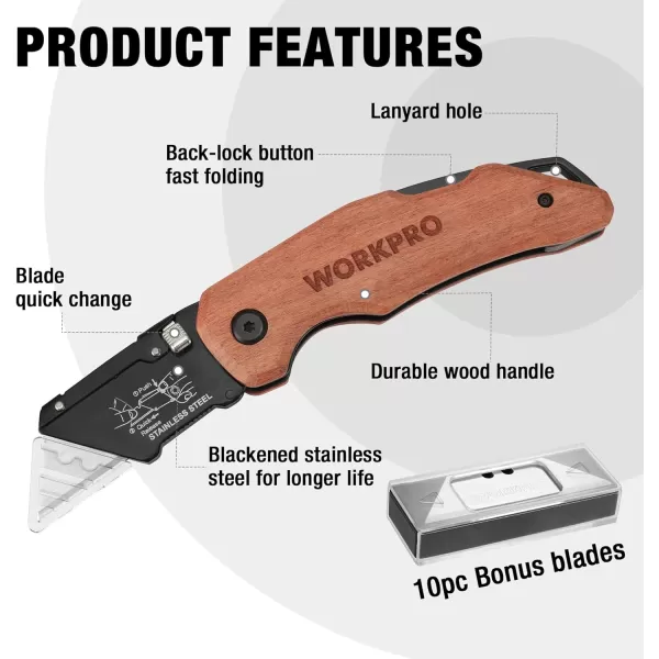 WORKPRO Folding Utility Knife with Stainless Steel Head Quickchange Blade amp Back Lock Wood Handle Heavy Duty Box Cutter 1PC Razor Knife with Extra 10PC SK5 BladesWORKPRO Folding Utility Knife with Stainless Steel Head Quickchange Blade amp Back Lock Wood Handle Heavy Duty Box Cutter 1PC Razor Knife with Extra 10PC SK5 Blades