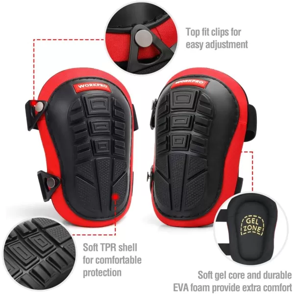 WORKPRO Knee Pads with Heavy Duty Foam Padding and Gel Core Knee Pad with Adjustable Top Fit Clips for for Indoor and Outdoor Work like Gardening Carpentry Welding RoofingCleaning W133217A BlackampRedNylon