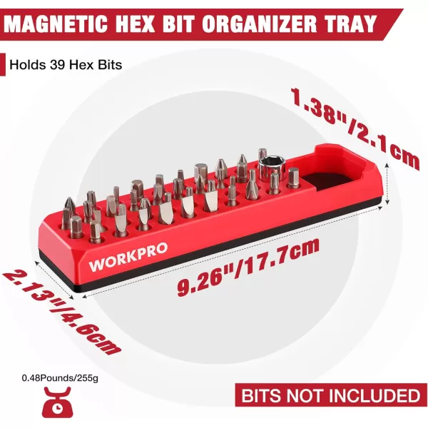 WORKPRO Magnetic Hex Bit Organizer 39 Hole Screwdriver Drill Bit Holder Tray with Strong Magnetic Base Accessories Storage Grid for 14 Inch Hex Bit amp Drive Bit Adapter Red Bits Not IncludedRed