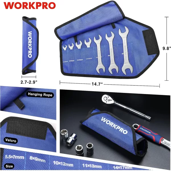 WORKPRO Metric SuperThin Open End Wrench Rollup Set 7PCS 55 to 23 mm UltraSlim Thin Wrench Set with Organizer Pouch for Thin Nuts Narrow SpacesMetric