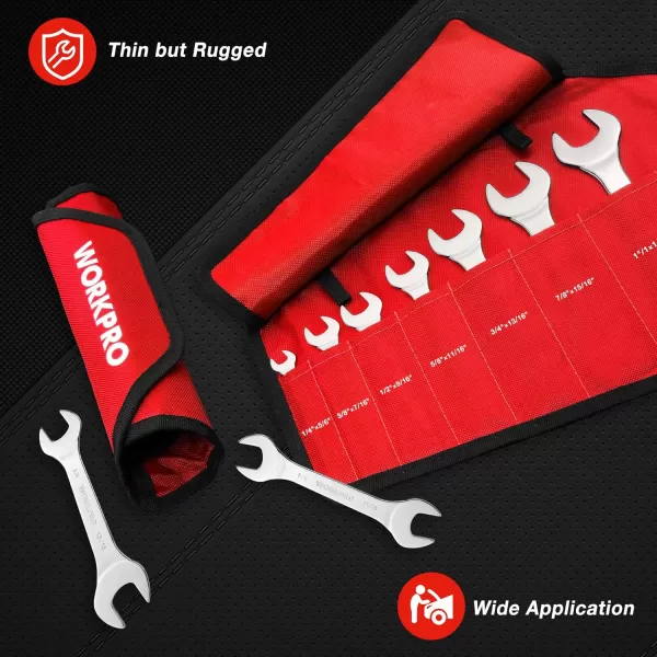 WORKPRO Metric SuperThin Open End Wrench Rollup Set 7PCS 55 to 23 mm UltraSlim Thin Wrench Set with Organizer Pouch for Thin Nuts Narrow SpacesSAE