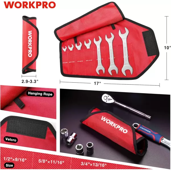 WORKPRO Metric SuperThin Open End Wrench Rollup Set 7PCS 55 to 23 mm UltraSlim Thin Wrench Set with Organizer Pouch for Thin Nuts Narrow SpacesSAE