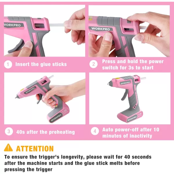 WORKPRO Pink Cordless Hot Melt Glue Gun 72V Rechargeable Fast Preheating Glue Gun Kit with 20 Pc Premium Mini Glue Stick AutomaticPowerOff Glue Gun for Art Craft Decoration  Pink RibbonPink