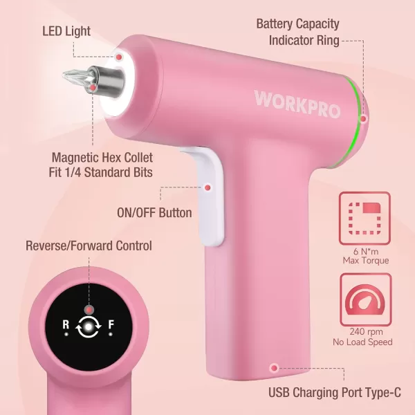 WORKPRO Pink Electric Cordless Screwdriver Set 4V USB Rechargeable Lithiumion Battery Power Screwdriver Kit with LED Light Screw Gun with 28pcs Accessories for Home Office Apartment RepairPink