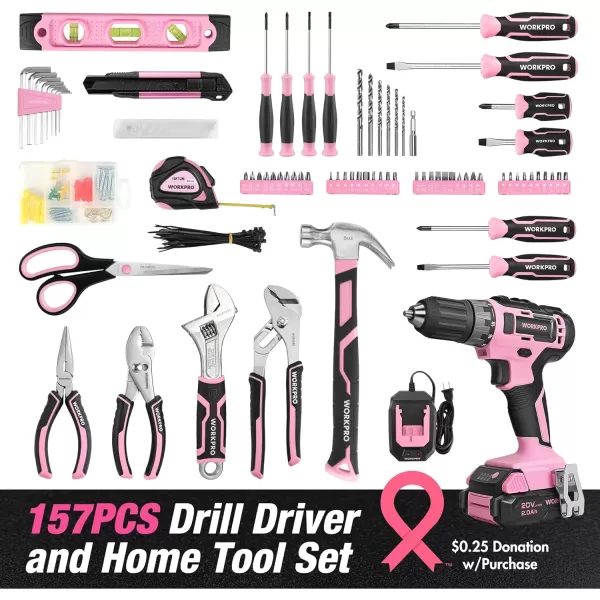 WORKPRO Pink Household Tool Kit with Drill 157PCS Tool Set with 20V Cordless Lithiumion Drill Driver Home Tool Kit for All Purpose Power Drill Sets with Pink Tool Bag  Pink RibbonPink