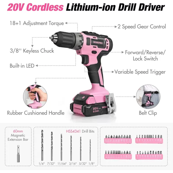 WORKPRO Pink Household Tool Kit with Drill 157PCS Tool Set with 20V Cordless Lithiumion Drill Driver Home Tool Kit for All Purpose Power Drill Sets with Pink Tool Bag  Pink RibbonPink