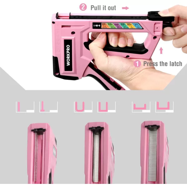 WORKPRO Pink Staple Gun 6in1 Manual Brad Nailer with 4000Pieces Staples for Fixing Material Carpentry Upholstery Furniture and DIY  Pink RibbonPink