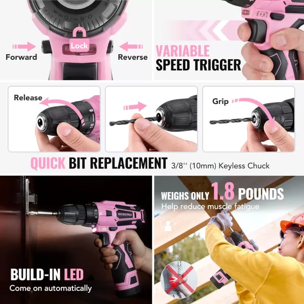 WORKPRO Pink Tool Set with Power Drill 108PCS Portable Ladies Pink Drill Kit for Home with Toolbox and Pink Hammer 15 Ah Cordless Drills with Keyless Chuck and Variable Speed Trigger  Pink RibbonPink