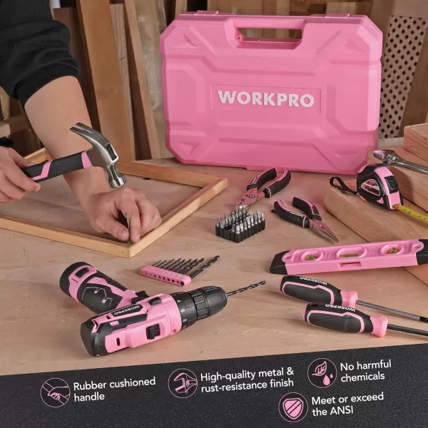 WORKPRO Pink Tool Set with Power Drill 108PCS Portable Ladies Pink Drill Kit for Home with Toolbox and Pink Hammer 15 Ah Cordless Drills with Keyless Chuck and Variable Speed Trigger  Pink RibbonPink