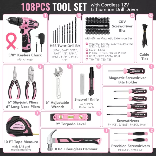 WORKPRO Pink Tool Set with Power Drill 108PCS Portable Ladies Pink Drill Kit for Home with Toolbox and Pink Hammer 15 Ah Cordless Drills with Keyless Chuck and Variable Speed Trigger  Pink RibbonPink