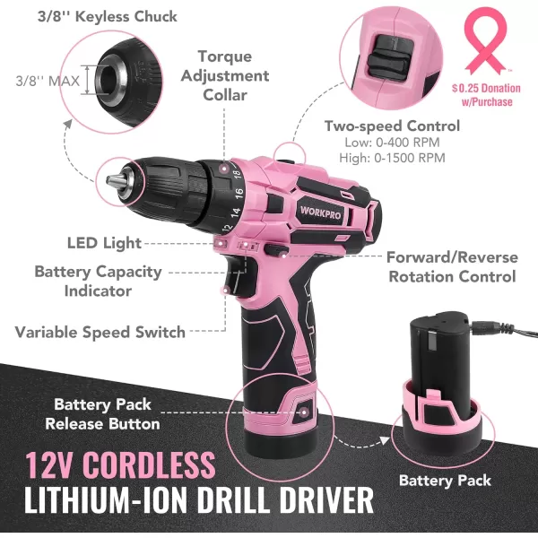 WORKPRO Pink Tool Set with Power Drill 108PCS Portable Ladies Pink Drill Kit for Home with Toolbox and Pink Hammer 15 Ah Cordless Drills with Keyless Chuck and Variable Speed Trigger  Pink RibbonPink