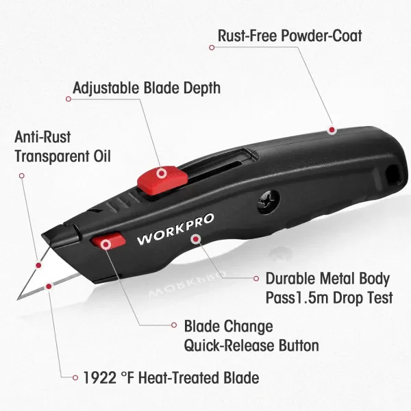 WORKPRO Premium Utility Knife 2PC Retractable All Metal Heavy Duty Box Cutter Quick Change Blade Razor Knife with 10 Extra BladesBlack