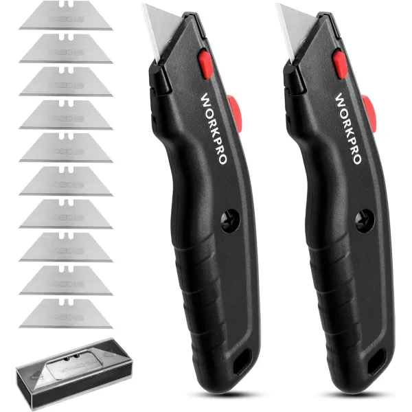 WORKPRO Premium Utility Knife 2PC Retractable All Metal Heavy Duty Box Cutter Quick Change Blade Razor Knife with 10 Extra BladesBlack