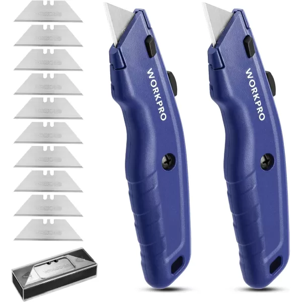 WORKPRO Premium Utility Knife 2PC Retractable All Metal Heavy Duty Box Cutter Quick Change Blade Razor Knife with 10 Extra BladesBlue