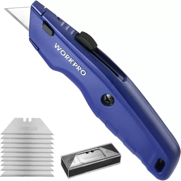 WORKPRO Premium Utility Knife 2PC Retractable All Metal Heavy Duty Box Cutter Quick Change Blade Razor Knife with 10 Extra BladesBlue