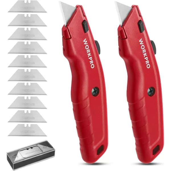 WORKPRO Premium Utility Knife 2PC Retractable All Metal Heavy Duty Box Cutter Quick Change Blade Razor Knife with 10 Extra BladesRed