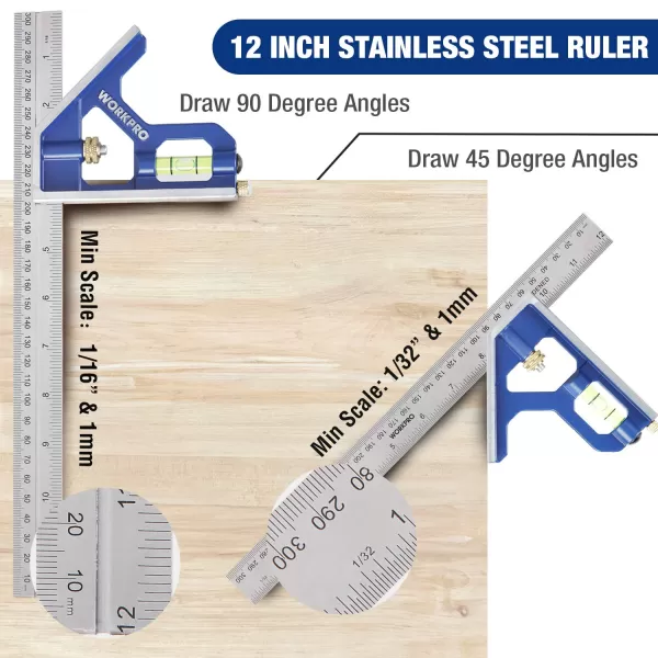 WORKPRO Rafter Square and Combination Square Tool Set 7 in Aluminum Alloy DieCasting Carpenter Square and 12 Inch ZincAlloy DieCasting Square Ruler Combo Rafter Square Layout Toolrafterampcombination square tool set