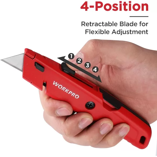 WORKPRO Retractable Box Cutters Premium Utility Knives with Blade Storage Design Quick Change Blade Razor Knife with Twine Cutter Heavy Duty All Metal Body 16 Extra SK5 Blades 2 Pack Red BlueRed