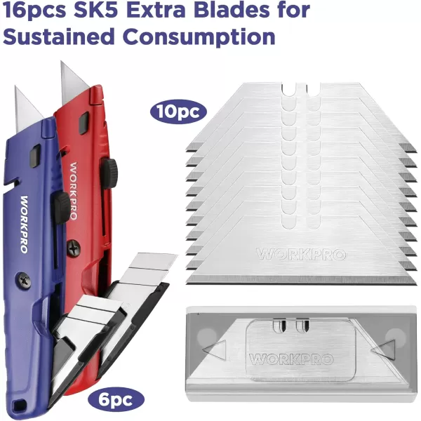 WORKPRO Retractable Box Cutters Premium Utility Knives with Blade Storage Design Quick Change Blade Razor Knife with Twine Cutter Heavy Duty All Metal Body 16 Extra SK5 Blades 2 Pack Red BlueBlue amp Red