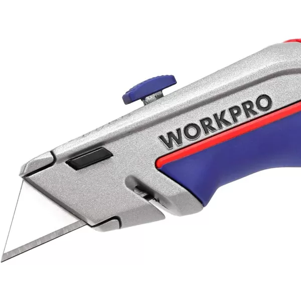 WORKPRO Retractable Utility Knife Box Cutter with Quickchange Blade Mechanism Blade Storage Compartment Hidden in Zinc Alloy Handle 15 Extra Blades IncludedWORKPRO Retractable Utility Knife Box Cutter with Quickchange Blade Mechanism Blade Storage Compartment Hidden in Zinc Alloy Handle 15 Extra Blades Included